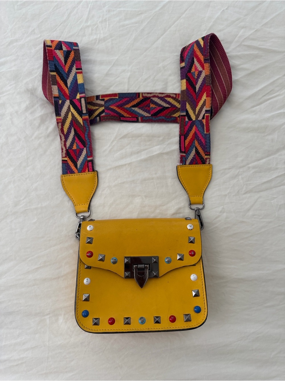 Genuine Leather Studded Crossbody Bag Guitar Strap Mustard Yellow Boho - Picture 2 of 9